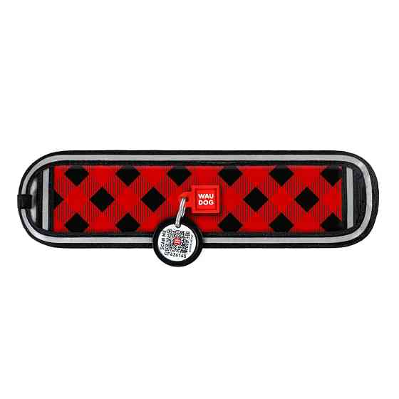 Ергономічна накладка на нашийник WAUDOG Nylon з QR-паспортом, малюнок "Шотландка червона" (розм Коломыя