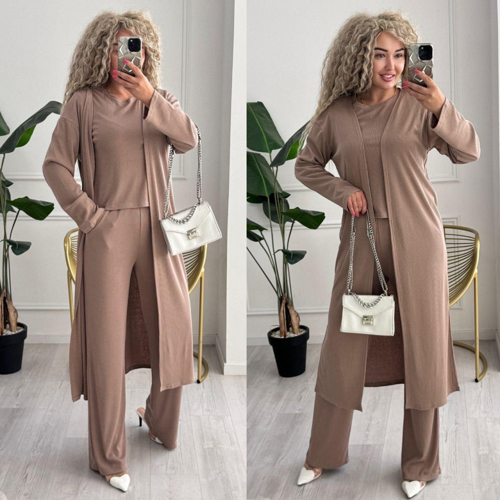 Женский базовый прогулочный костюм тройка: кардиган футболка и штаны трикотажный рубчик Бежевый, 46/48 Одесса - изображение 7