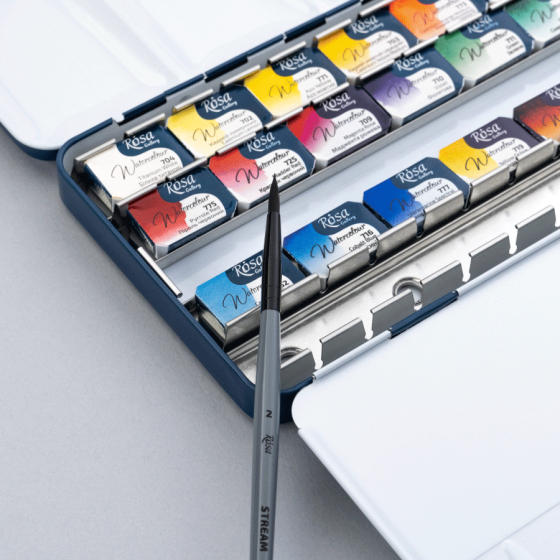 Набір акварельних фарб з пензлем SPECTRUM 21×2,5мл кювета Індіго металевий пенал ROSA Gallery Київ