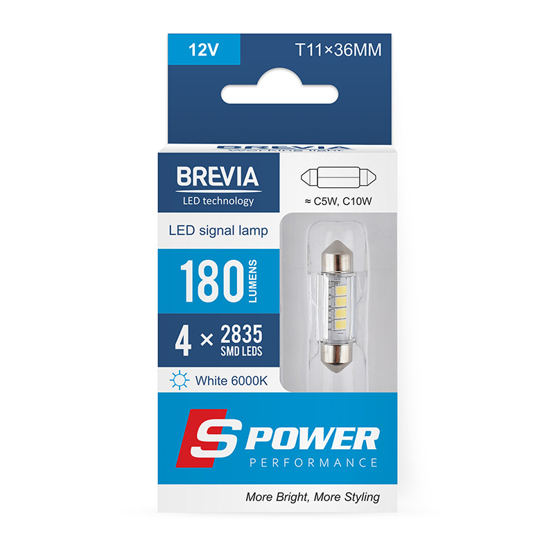 Автолампа Brevia S-Power LED C5W (C10W) T11x36 180Lm 4x2835SMD 12V CANbus, 2шт Львів - фото 1