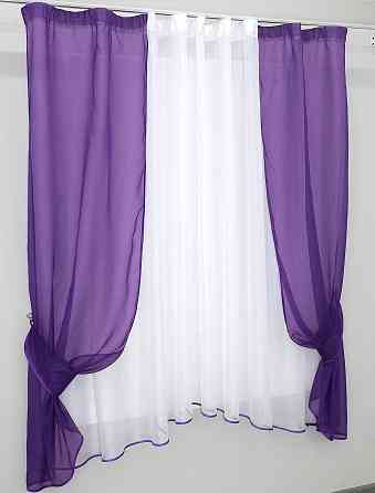 Кухонний комплект VR-Textil № 051к тюль і шторки з підв'язками фіолетовий з білим 280х170 см (50-078) Київ