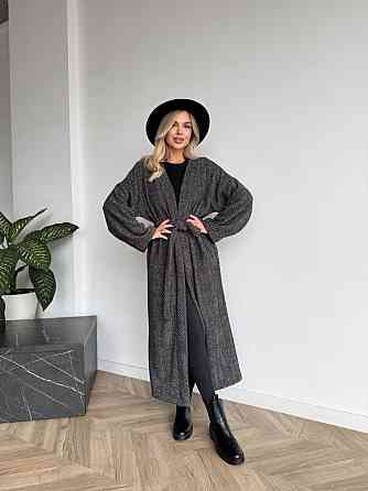 Жіночий довгий кардиган із поясом і кишенями. Чорно-білий, 46/48 Одеса