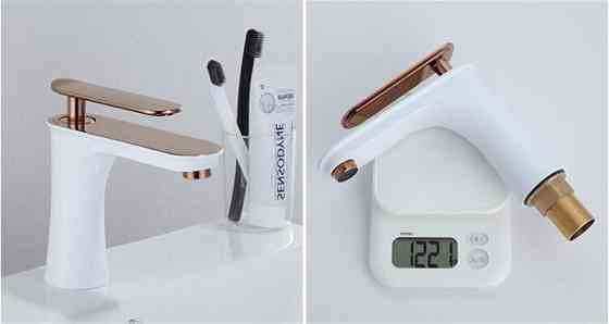 Смеситель латунный для раковины горизонтальный монтаж WanFan для ванной комнаты Белый с розовым золотом Каменец-Подольский