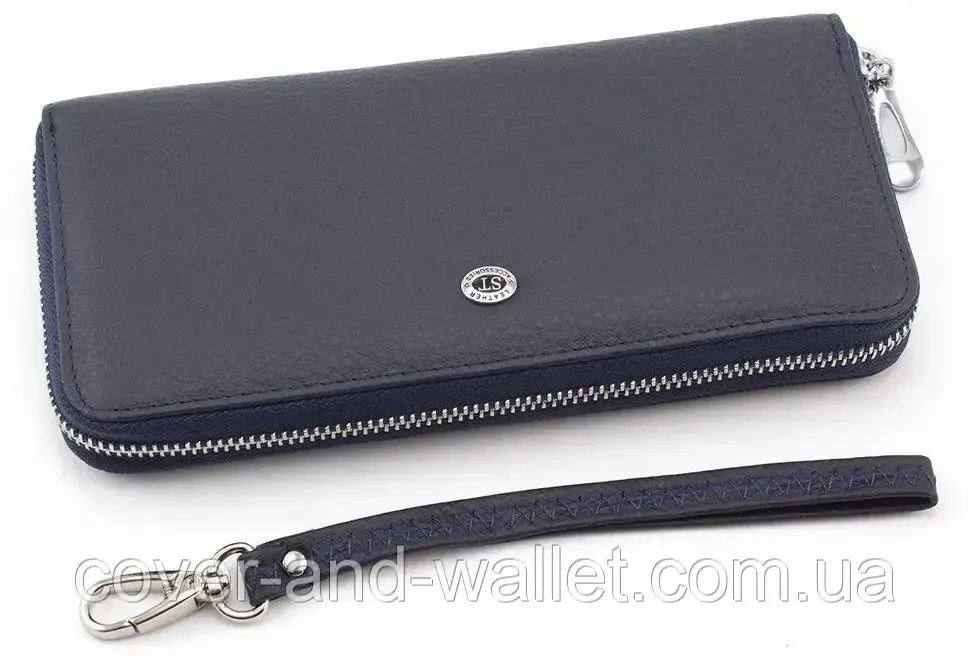 Женский голубой кожаный кошелек на молнии с ремешком ST Темно-синий Киев - изображение 4