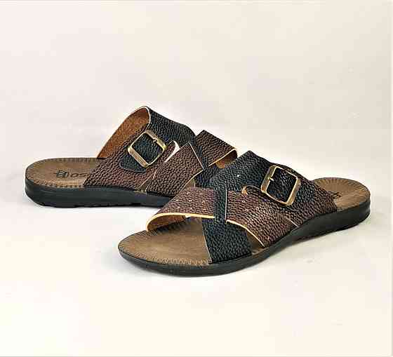 Мужские Шлёпанцы Тапочки Сланцы Чёрные с Коричневым Кожаные (размеры: 41,42,43,44) Днепр