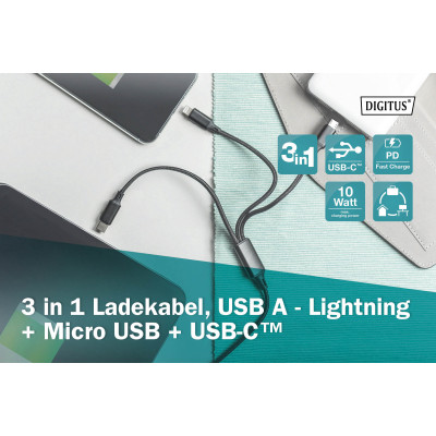 Дата кабель USB 2.0 AM to Lightning + Micro 5P + USB-C 1.0m charge only Digitus (AK-300160-010-S) Вінниця - фото 9
