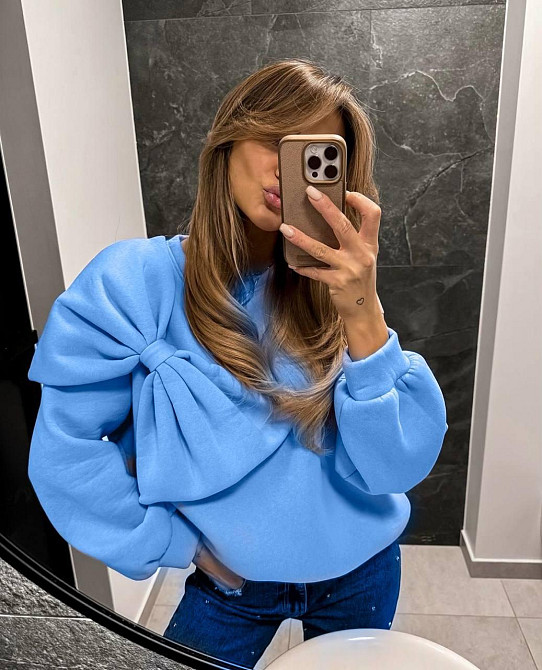 Жіночий стильний светр із декоративним бантом спереду трикотаж теплий тринитка Блакитний, 48/52 Одеса - фото 1