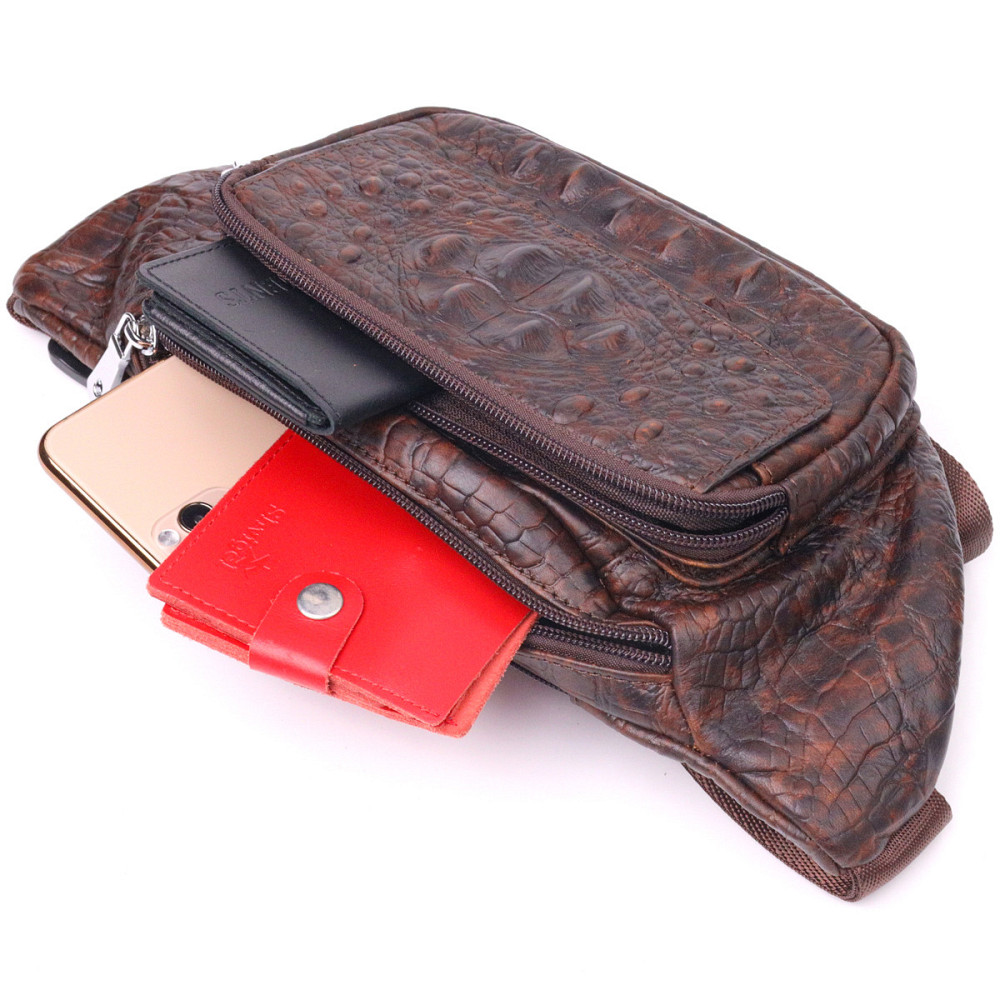 Модна поясна сумка з натуральної шкіри з фактурою під крокодила Коричнева (Vintage) Київ - фото 1