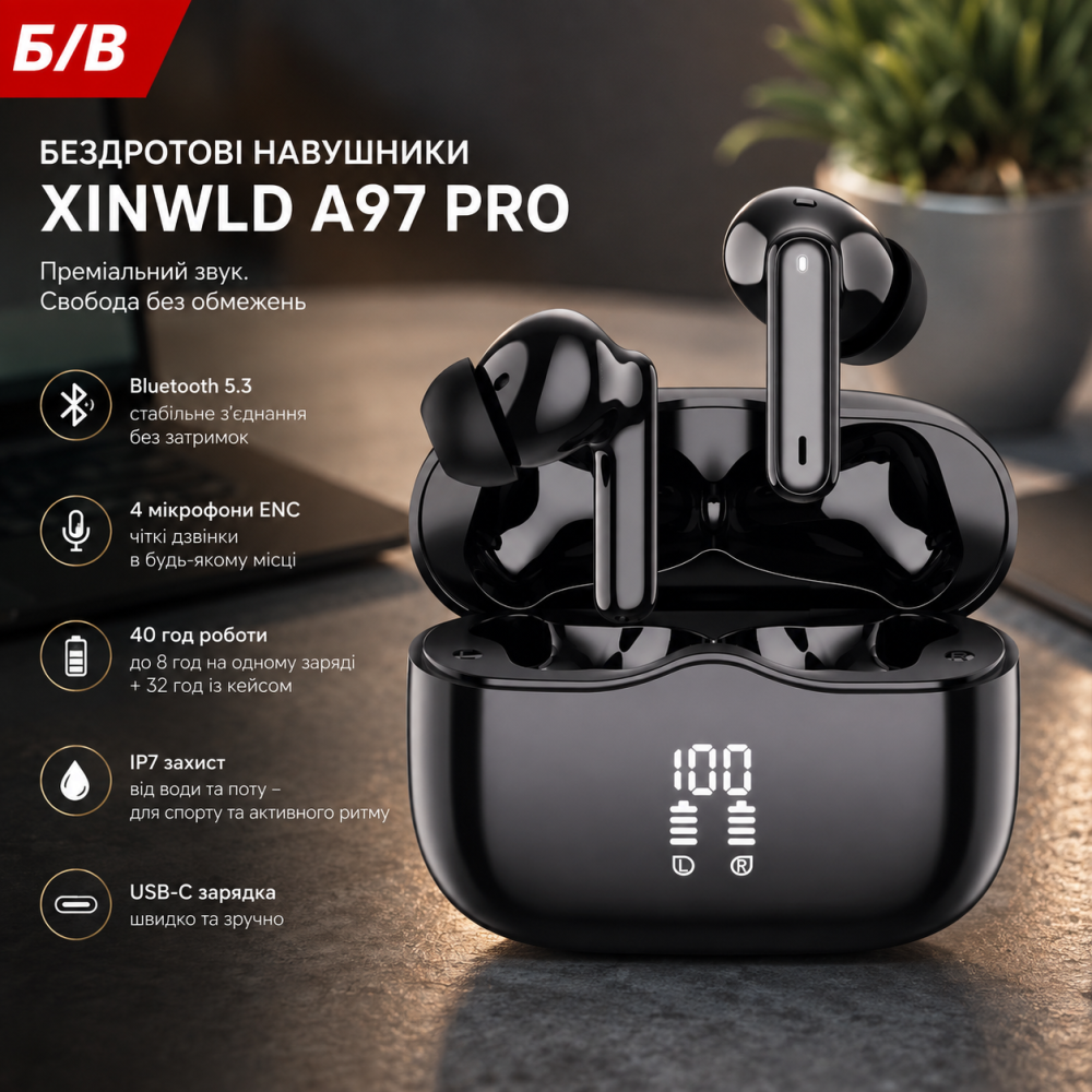 Б/у Беспроводные наушники Xinwld A97 Pro TWS Bluetooth 5.3, 4 микрофона ENC, 40 ч, IP7, USB-C, черные Киев - изображение 7