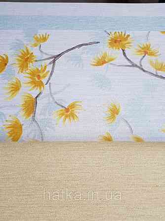 Шпалери вінілові Decoprint Breeze листя метелика квіти жовті блакитні на біло сірому 0.53х10 м Київ