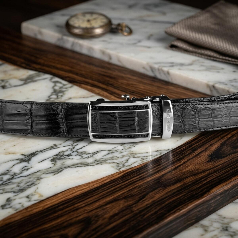 Ремень-автомат CROCODILE LEATHER 18236 из натуральной кожи крокодила (каймана) Черный Киев - изображение 14