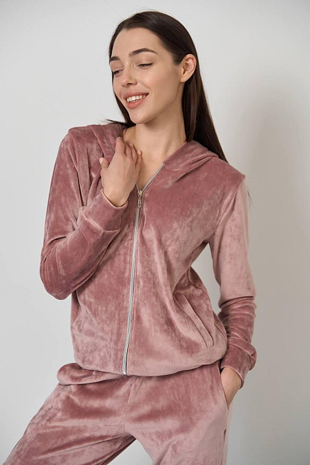 Женский велюровий костюм на змейке с капюшоном Розовый S Харьков - изображение 2