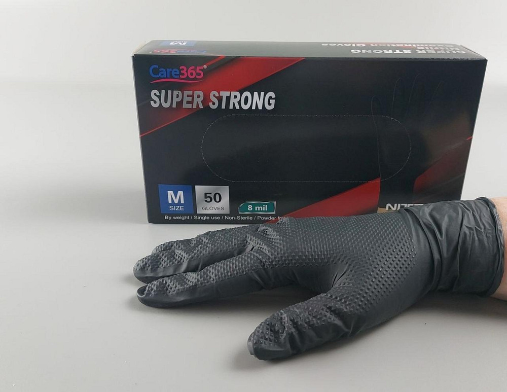 Рукавички нітрилові чорні суперміцні 50 шт. господарські, розмір M "CARE 365" (1 пачка) Харків - фото 1