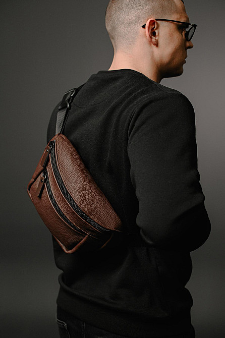 Сумка на пояс мужская из натуральной кожи флотар, коричневая SL035 (Коричневая) Сумы - изображение 8