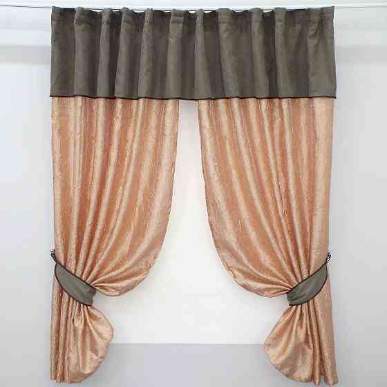 Кухонные шторы VR-Textil № 073к с ламбрекеном и подхватами персиковый с какао 280х170 см (52-0175) Киев