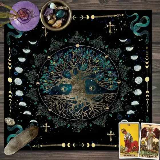 Вівтарна скатертина «Дерево Життя» 49×49 см, фази Місяця, чорна, поліестер – для Таро, кристалів, ритуалів Київ