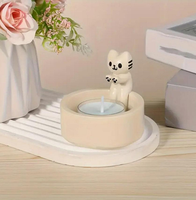 Подсвечник в виде котенка – милый керамический декор белого цвета 6×7 см Киев - изображение 4