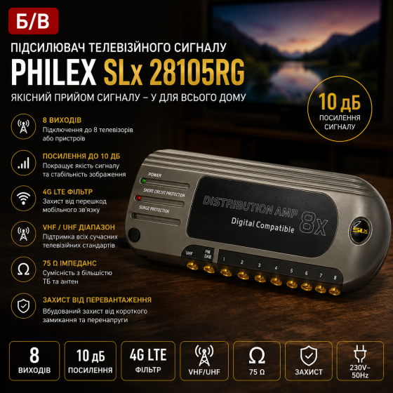 Б/В Підсилювач телевізійного сигналу Philex SLx 28105RG, 8 виходів, 10 дБ, VHF/UHF, 4G LTE фільтр, 75 Ом Київ