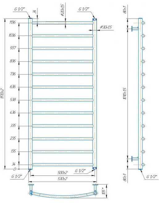 Водяной полотенцесушитель Mario INOX Классик 1170х530/500 Киев - изображение 4