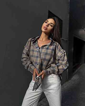 Жіноча повсякденна сорочка в клітинку турецька фланель беж-блакитний Одеса