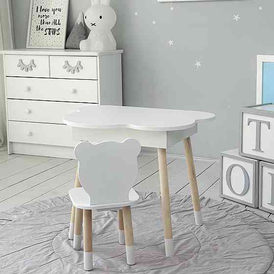 Столик хмаринка з нішею для речей 54х68х50 і стільчик спинка в формі медведика 26х26х24, стіл та стілець в дитячу кімнату, білий Київ