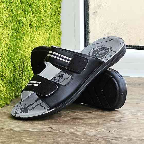 Мужские Шлёпанцы Тапочки Сланцы Чёрные Кожаные на Липучке (размеры: 41,42,43,44,45) Днепр