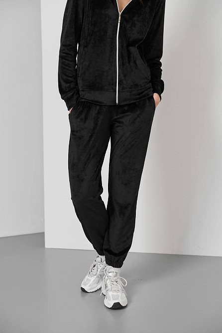 Женский велюровий костюм на змейке с капюшоном Черный S Харьков - изображение 5