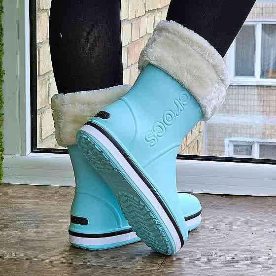 Жіночі Гумові Напівчоботи Блакитні CROCS Бірюзові Чоботи Крокси Теплі Зимові (розміри: 36,37,38,39,40,41) — Дніпро