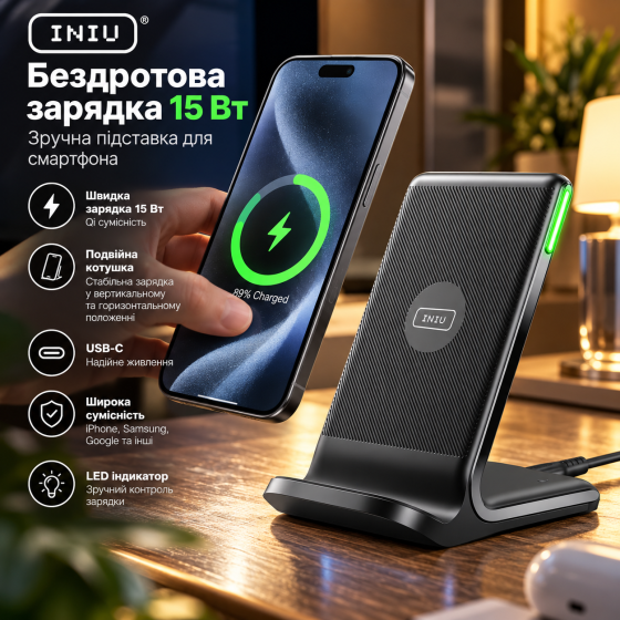 Бездротова зарядка INIU WI-211 15 Вт Qi, підставка для iPhone Samsung Google, USB-C, подвійна котушка, LED Київ