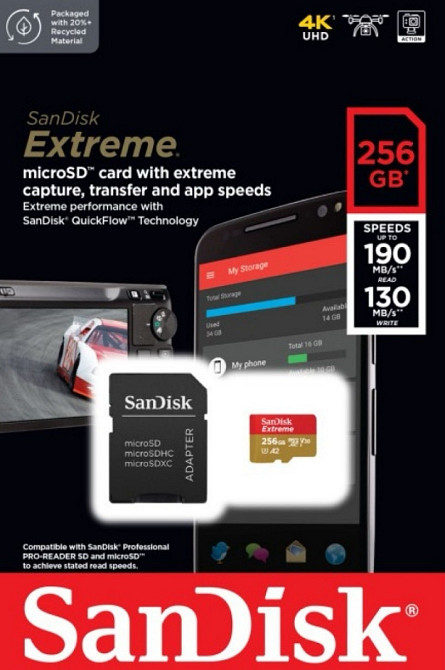 Картка пам'яті SanDisk Extreme microSDXC 256 GB UHS-I U3 V30 + SD-адаптер. Київ - фото 3