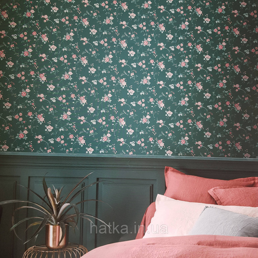 Шпалери вінілові на флізелін 0.53х10.05 м Rasch Textil Petite Fleur 5.квіти рожеві троянди зелені на зеленому Київ - фото 1
