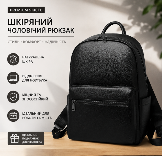 Чоловічий шкіряний рюкзак класичний чорний із натуральної шкіри, якісний базовий для чоловіків Харьков