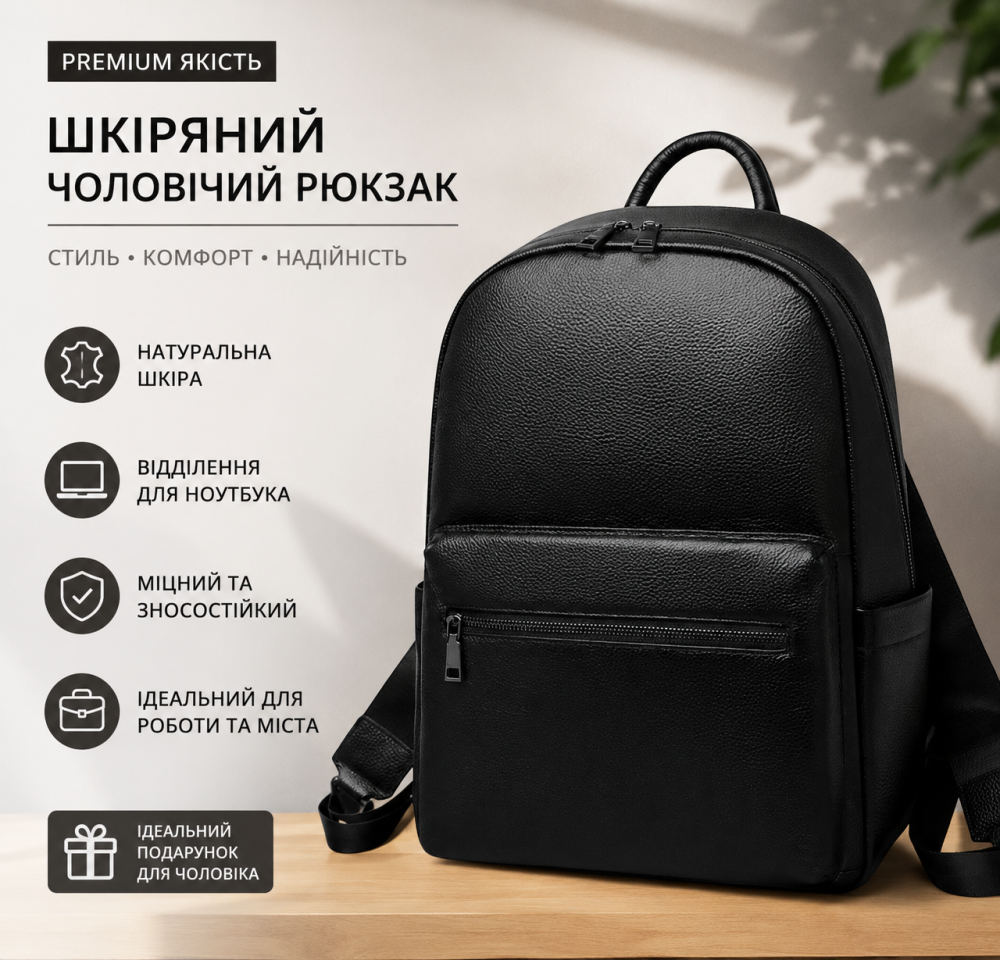 Чоловічий шкіряний рюкзак класичний чорний із натуральної шкіри, якісний базовий для чоловіків Харьков - изображение 1
