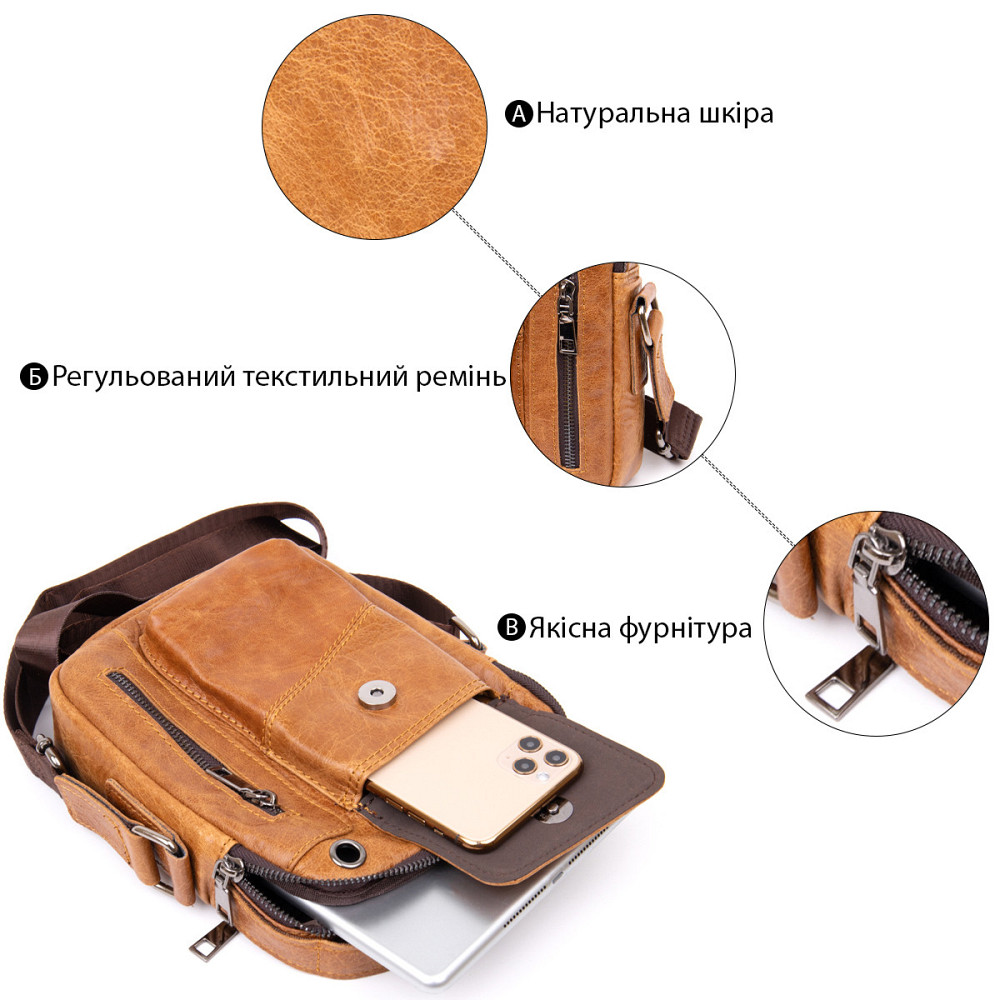 Мессенджер с отверстием для наушников мужской Vintage 20416 Рыжий Киев - изображение 4