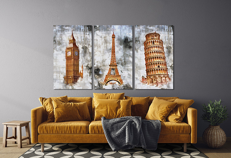 Модульная картина в гостиную / спальню   Лондон-Париж-Рим    ART-267_3A 70х130 см Киев - изображение 2