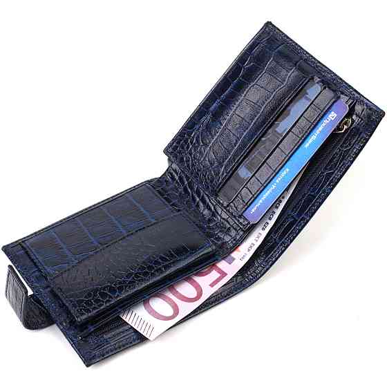 Стильний чоловічий гаманець горизонтального формату з натуральної шкіри з тисненням під крокодила CANPELLINI 21758 Синій Київ