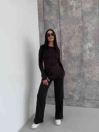 Женский базовый костюм тройка: лонгслив, футболка и штаны микродайвинг Черный Одесса