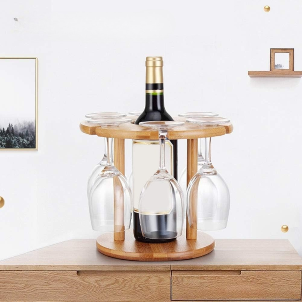 Тримач для пляшки вина та келихів 6 штук бамбукова стійка підставка настільна для винних келихів, 32х24,5 см Кам'янець-Подільський - фото 7