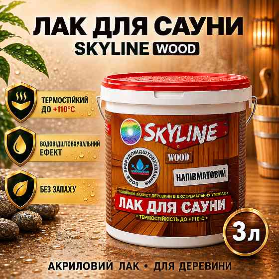 Лак для сауни SkyLine WOOD 3 л — акриловий напівматовий лак для дерева, прозорий, без запаху, термостійкий до +110°C Харків
