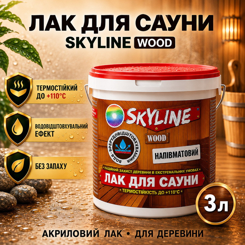 Лак для сауны SkyLine WOOD 3 л — акриловый полуматовый лак для дерева, прозрачный, без запаха, термостойкий до +110°C Харьков - изображение 1