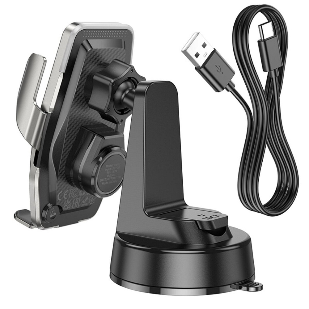 Тримач для мобільного з БЗП HOCO HW27 Traveler infrared RGB wireless fast charging car holder(center console) Black metal gray (6942007626361) Київ - фото 5