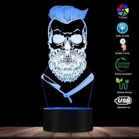 3D світильник Barber Skull RESTEQ — світлодіодна лампа череп перукаря, 7 кольорів, USB/батарейки Київ