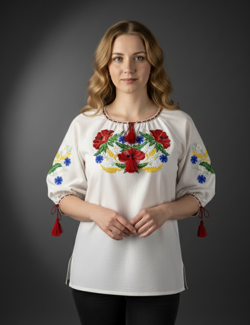 Лляна бежева вишиванка з маками та польовими квітами на рукавах 62 Київ - фото 1