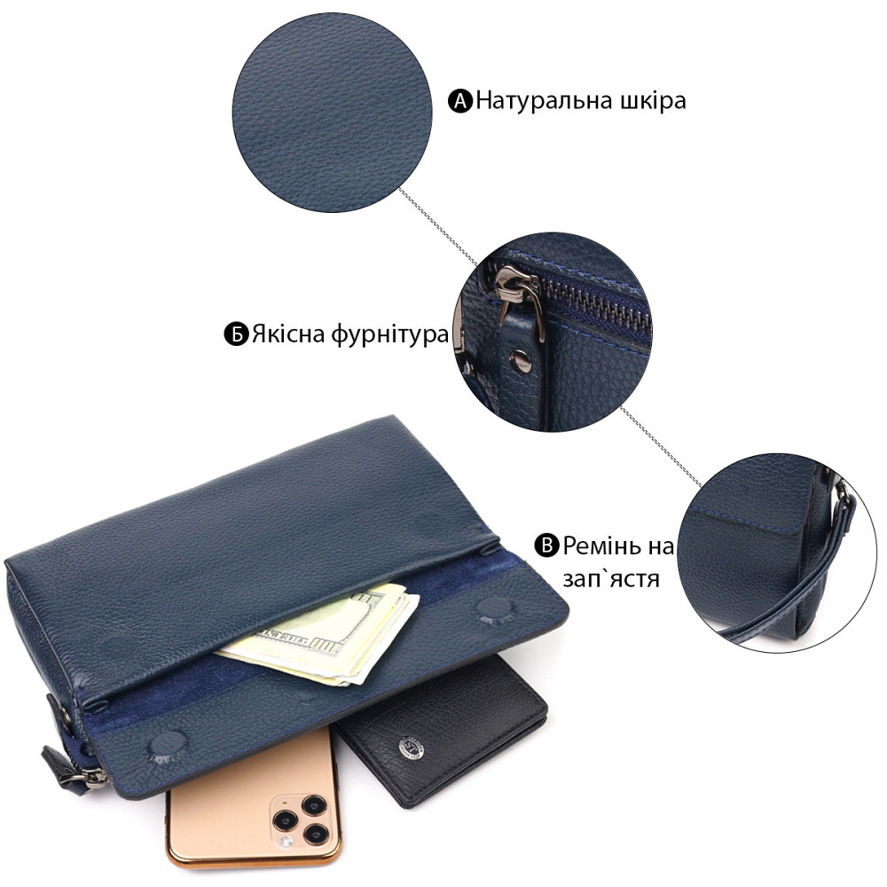 Мужской вместительный клатч из натуральной кожи Синий (CANPELLINI) Киев - изображение 8