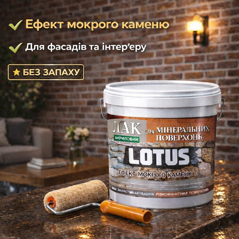 Фасадний лак для каменю та цегли LOTUS «Мокрий камінь» глянцевий акриловий прозорий для фасаду, бетону та дерева 5 л Харків - фото 9