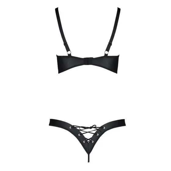 Комплект з екошкіри Passion CELINE BIKINI 4XL/5XL black, відкритий бра, стрінги зі шнурівкою Львів