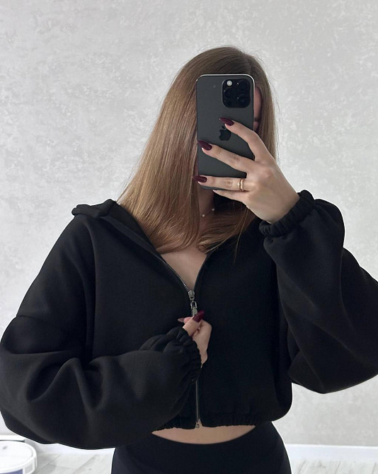 Жіноча стильна та тепла зіп-худі оверсайз тринитка на флісі Чорний Одеса - фото 4