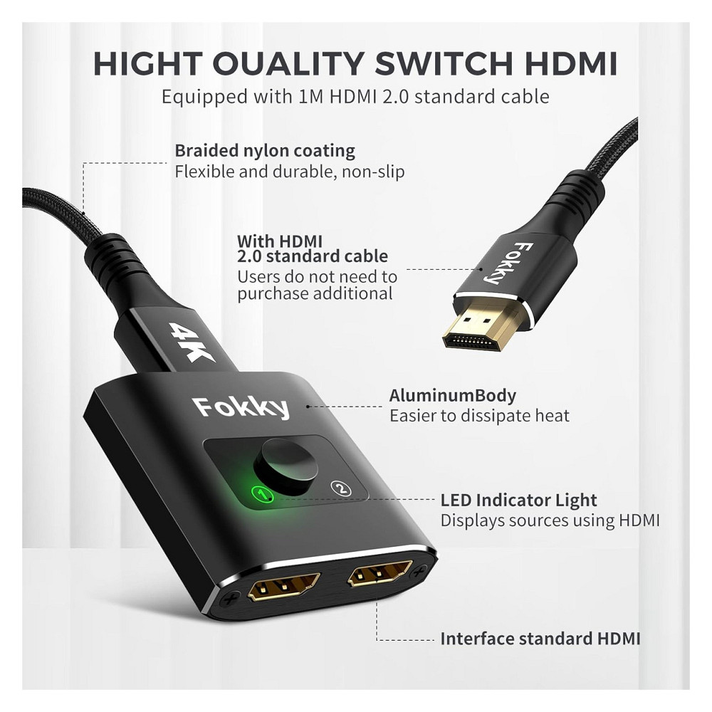 HDMI переключатель сплиттер Fokky 4K 60Hz бинаправленный 2в1 1в2 HDMI 2.0 алюминиевый кабель 1м HDR HDCP2.2 Киев - изображение 2