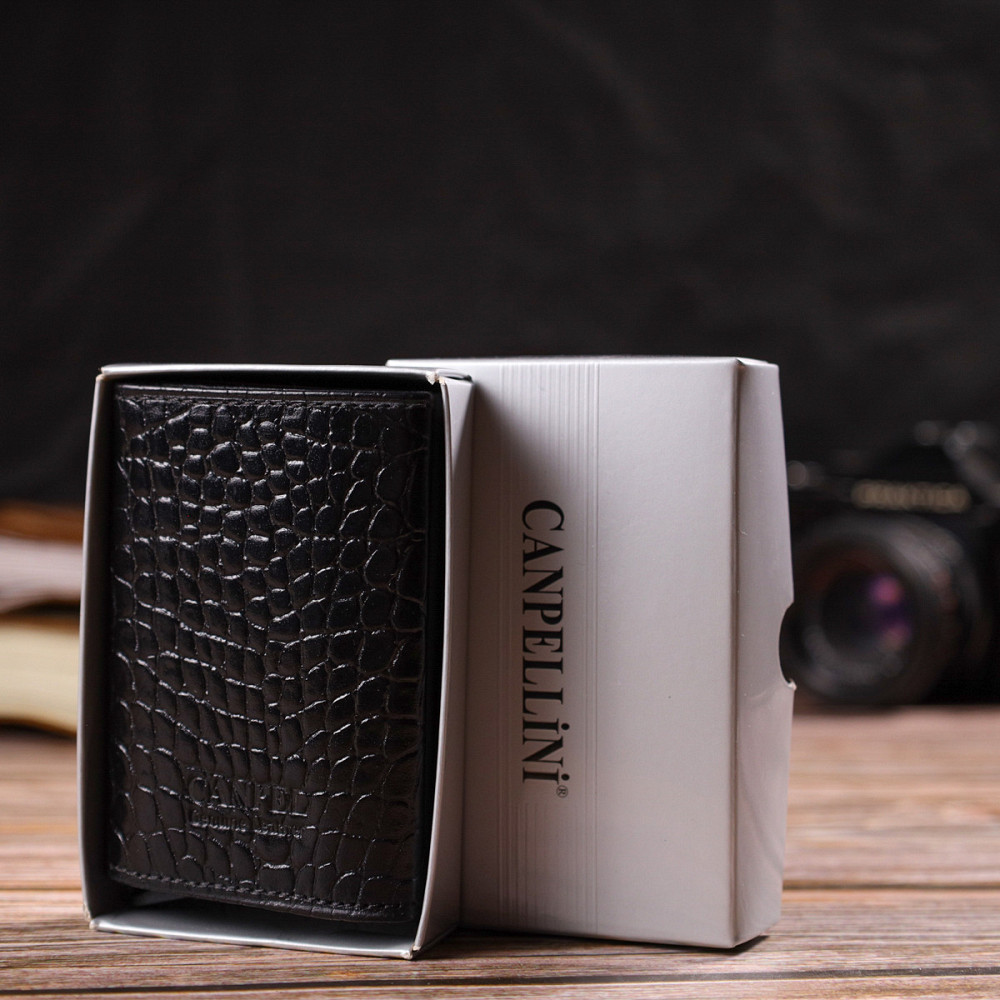 Картхолдер унисекс в три сложения с автоматическим механизмом из натуральной кожи с тиснением под крокодила Черный (CANPELLINI) Киев - изображение 4