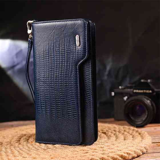 Добротное портмоне клатч из натуральной фактурной кожи CANPELLINI 21542 Синее Киев